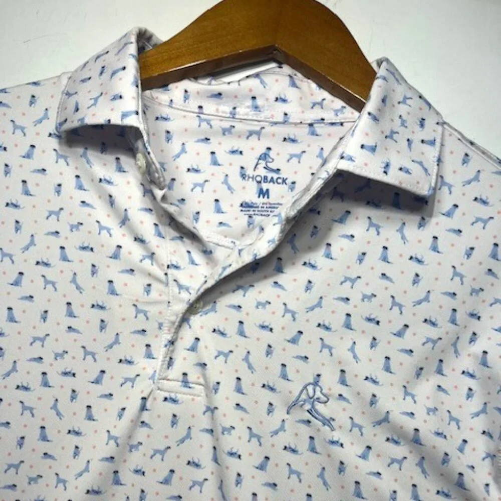 Rhoback Men's Polo Collared Blue Dog Casual White Shirt Sz M - Picture 1 of 5